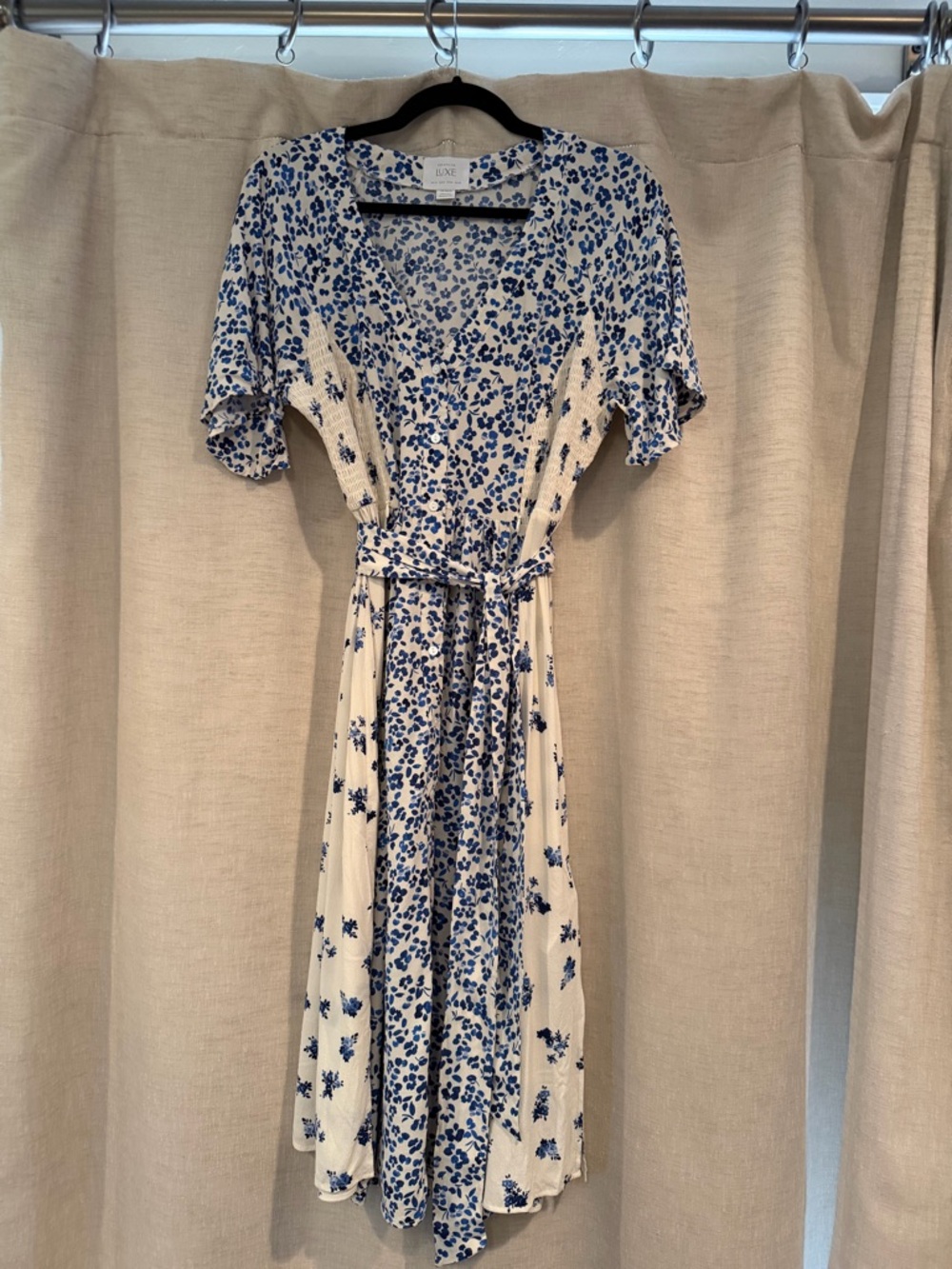 Seraphine Luxe Maternity - White and Blue Floral Wrap Midi Dress